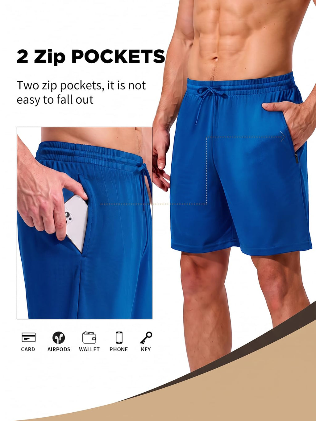 Cimic 5 Pack Mens Athletic Shorts Quick Dry Gym Running Workout Basketball Shorts for Men with Zippered Pockets D3010 Blue 2XL