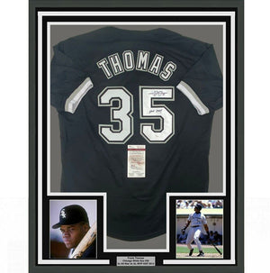 Framed Autographed/Signed Frank Thomas HOF 2014 35x39 Chicago Black Baseball Jersey JSA COA