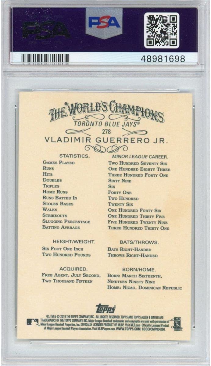 Graded 2019 Topps Allen & Ginter Vladimir Vlad Guerrero Jr. #278 Rookie RC Baseball Card PSA 10 Gem Mint
