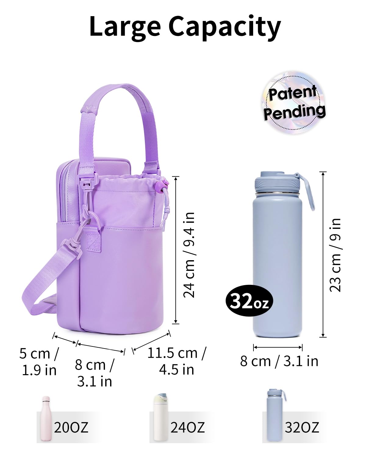 Wandering Nature Insulated Water Bottle Holder Strap 32oz Purple Leather