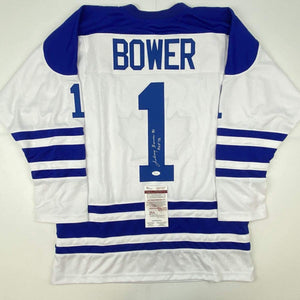 Autographed/Signed Johnny Bower HOF 76 Toronto Blue Hockey Jersey JSA COA