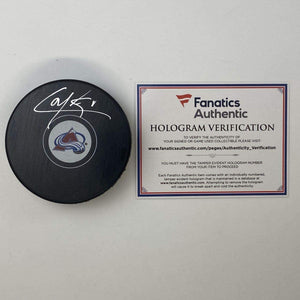 Autographed/Signed Cale Makar Colorado Avalanches Logo Hockey Puck Fanatics COA