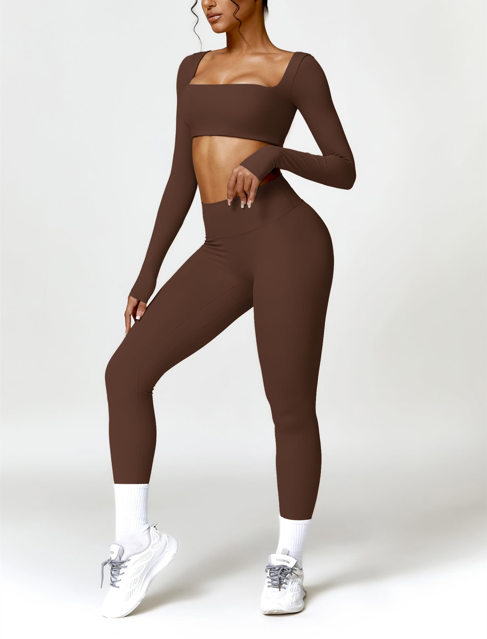 AGYMNX 2pc Workout Set Women Long Sleeve Crop Top High Waist Leggings Brown M