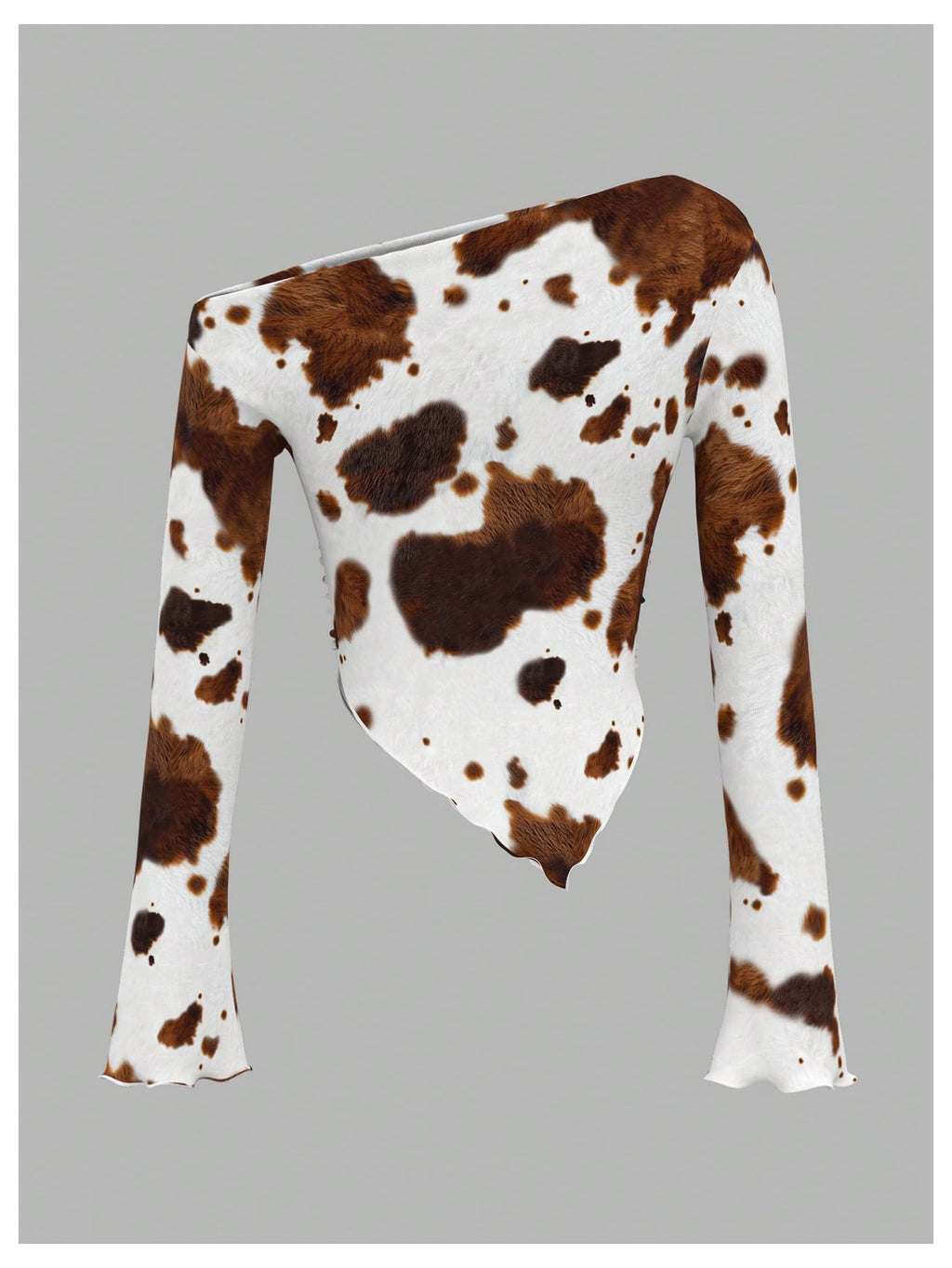 RoseSeek Women's Y2K Cow Print Bell Long Sleeve T Shirt Ruched Asymmetrical Neck Slim Fitted Tee Tops Multicolor Small