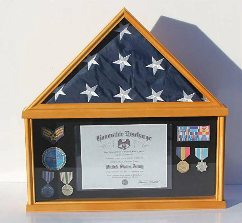 Military Memorial Shadow Box, Burial/Funeral Flag Display Case - Cherry 5' X 9.5' Flag