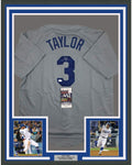 Framed Autographed/Signed Chris Taylor 35x39 Los Angeles LA Grey Baseball Jersey JSA COA