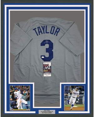 Framed Autographed/Signed Chris Taylor 35x39 Los Angeles LA Grey Baseball Jersey JSA COA