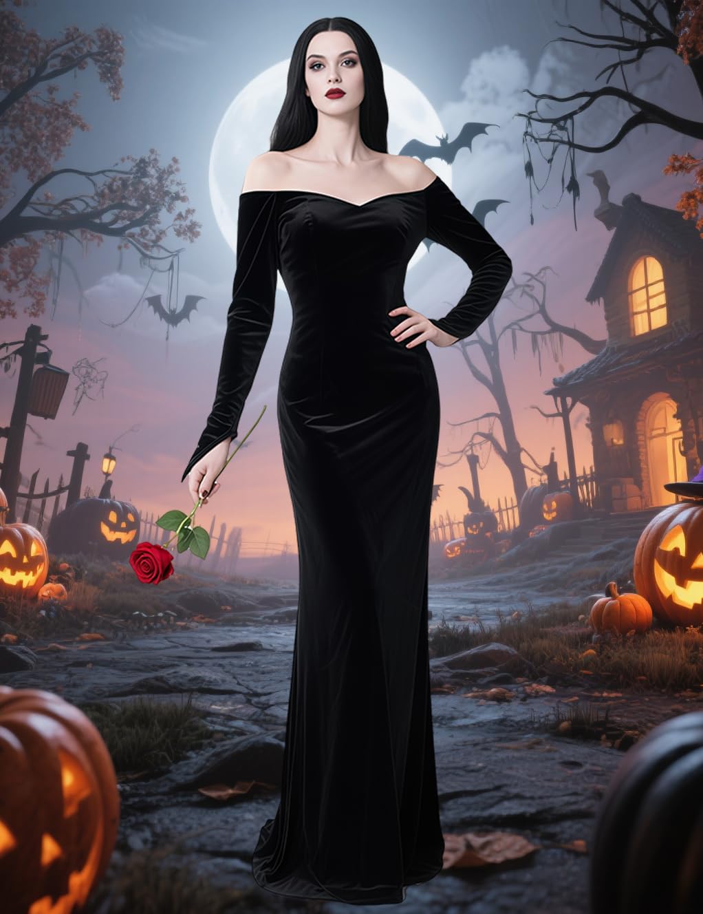 QUJQOM Halloween Gothic Dress Black V-neck Red Rose Wig Size L