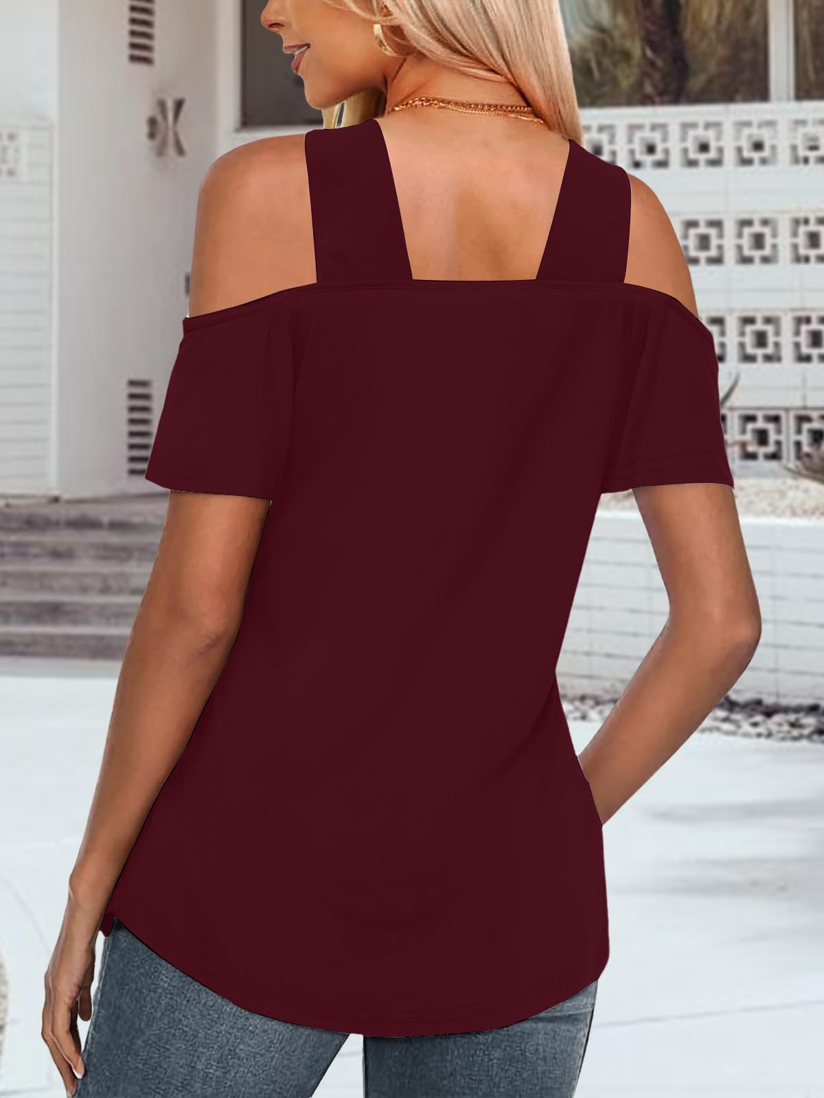 Bellcoco Womens Cold Shoulder V Neck Red Blouse Top XL
