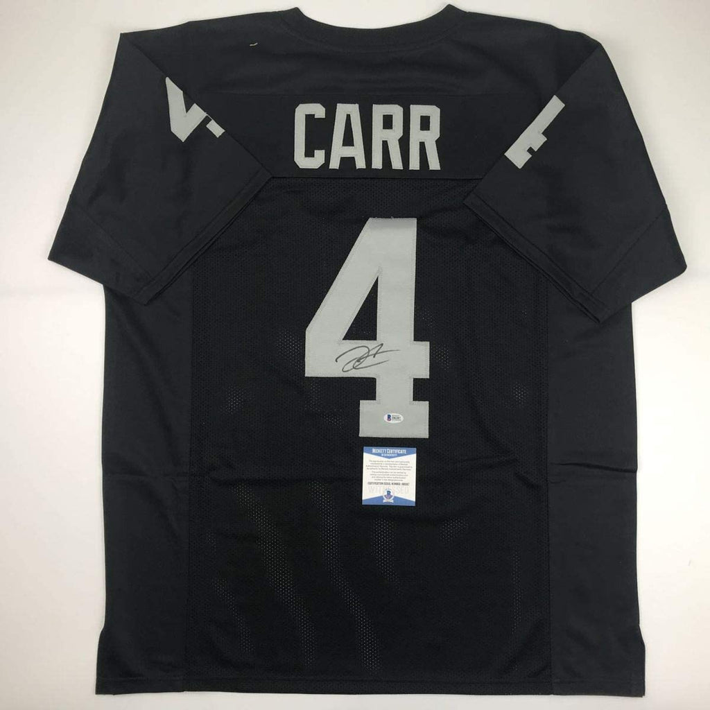 Autographed/Signed Derek Carr Oakland Black Football Jersey Beckett BAS COA