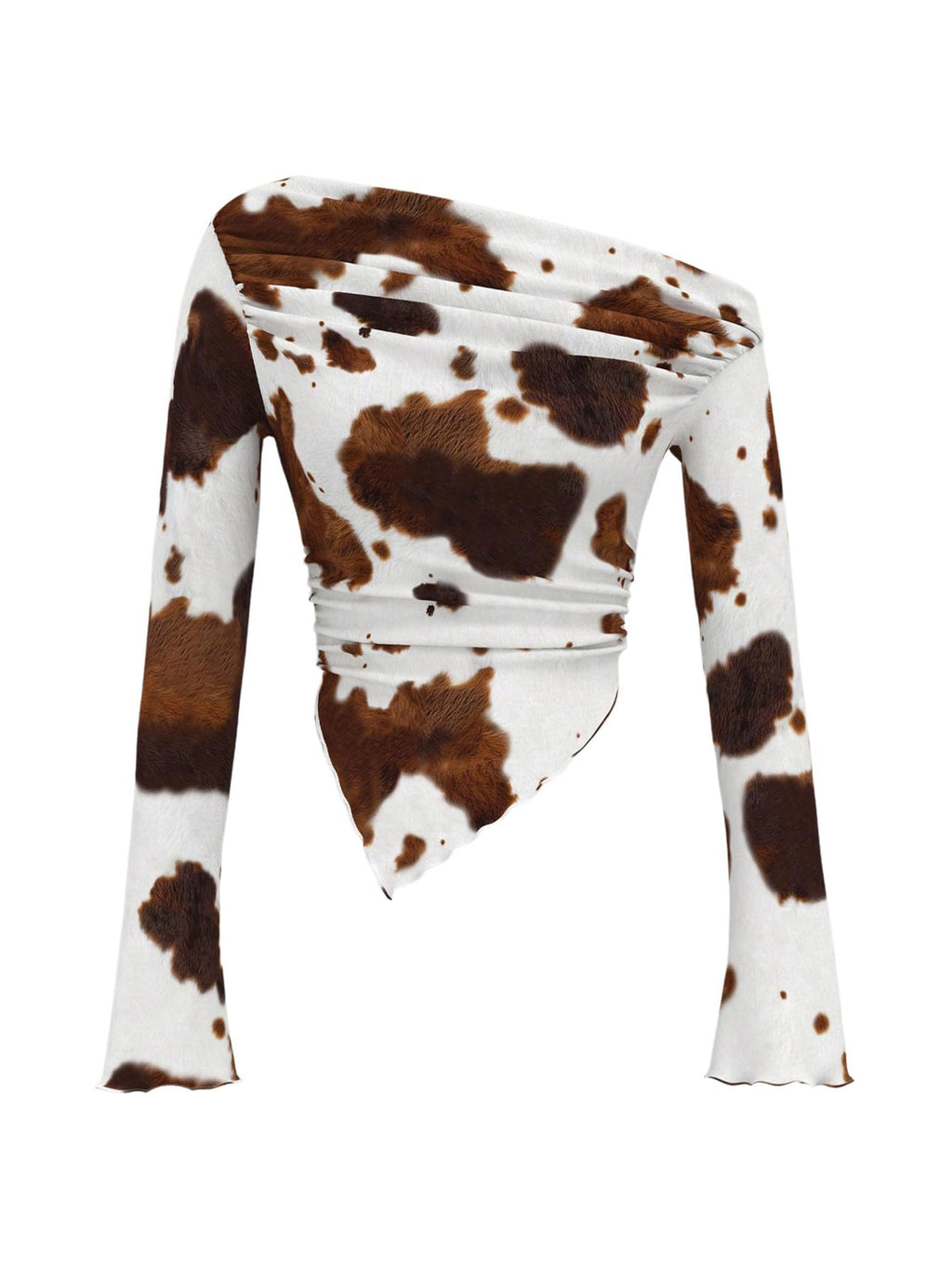 RoseSeek Women's Y2K Cow Print Bell Long Sleeve T Shirt Ruched Asymmetrical Neck Slim Fitted Tee Tops Multicolor Small