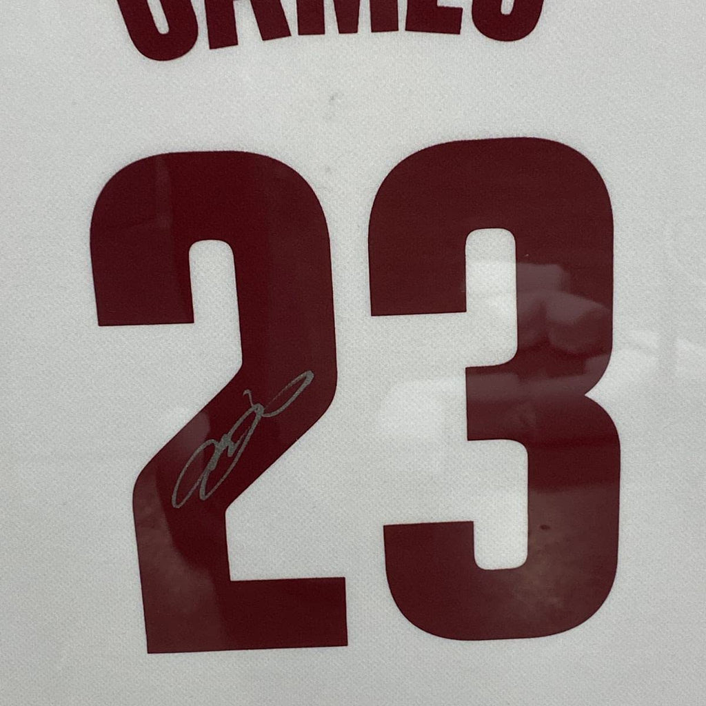 Framed Autographed/Signed LeBron James 35x39 Cleveland Cavaliers White Basketball Jersey PSA/DNA COA/LOA
