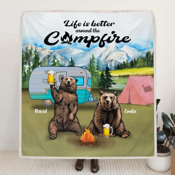 Personalized Couple Bear Husband Wife Camping Quilt/Fleece Blanket - Gift For Couple - Life Is Better Around The Camfire