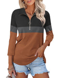 TICTICMISS Women's V Neck 3/4 Sleeve Zipper Polo Shirt Black-Charcoal-Brown L