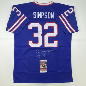 Autographed/Signed OJ O.J. Simpson #1 Pick Buffalo Blue Football Jersey JSA COA