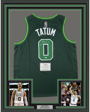Framed Autographed/Signed Jayson Tatum Boston 35x39 Celtics Green Earned Edition Basketball Jersey Fanatics COA