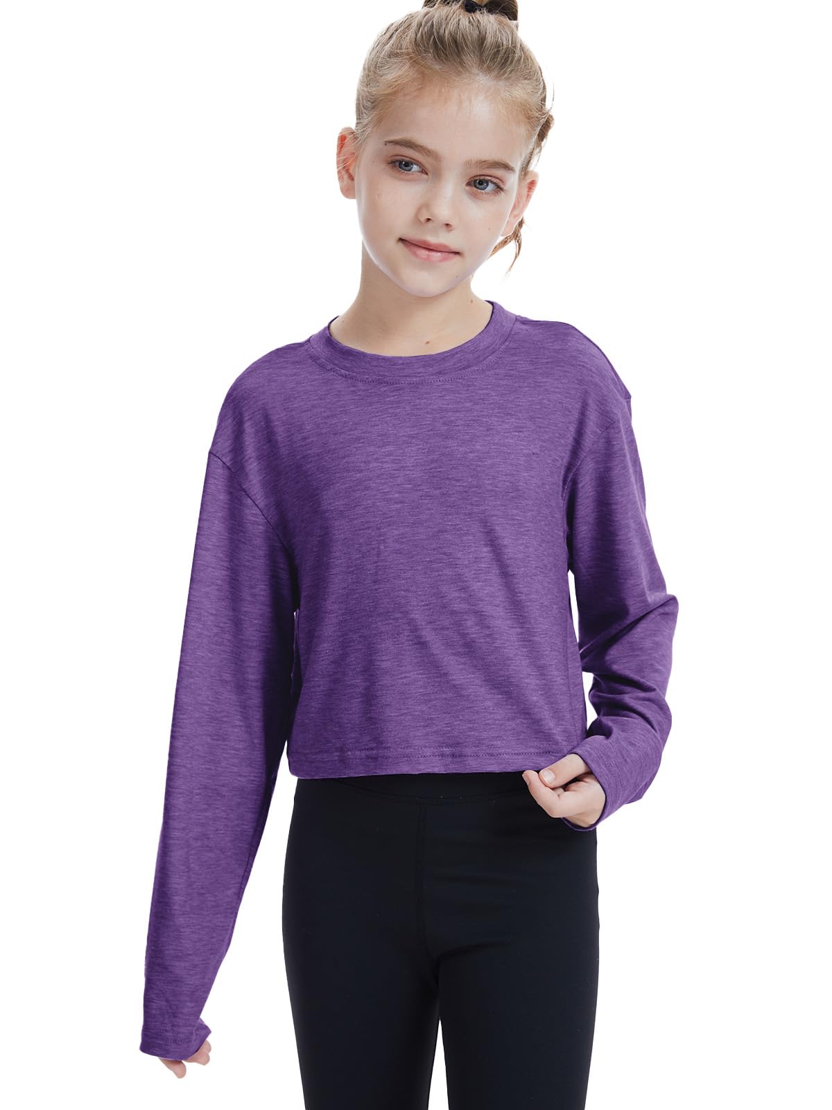 CharmWM Girls Long Sleeve Crop Top Crew Neck Casual Tee Deep Purple Size 9-10Y