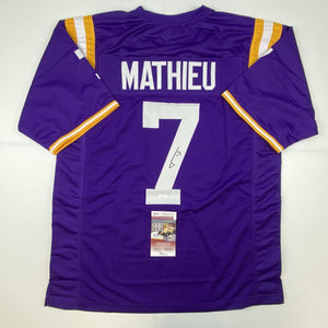 Autographed/Signed Tyrann Mathieu LSU Purple College Football Jersey JSA COA