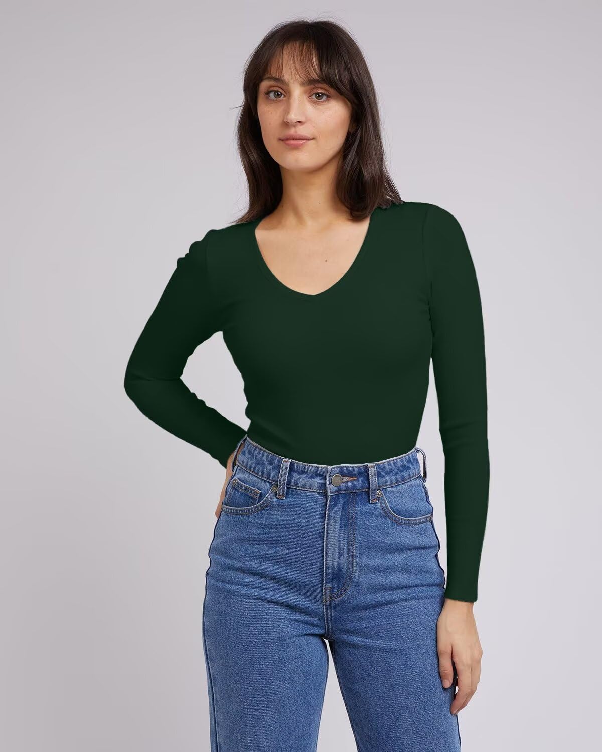SANDERY Women's Ribbed V-Neck Long-Sleeve Top, Size L