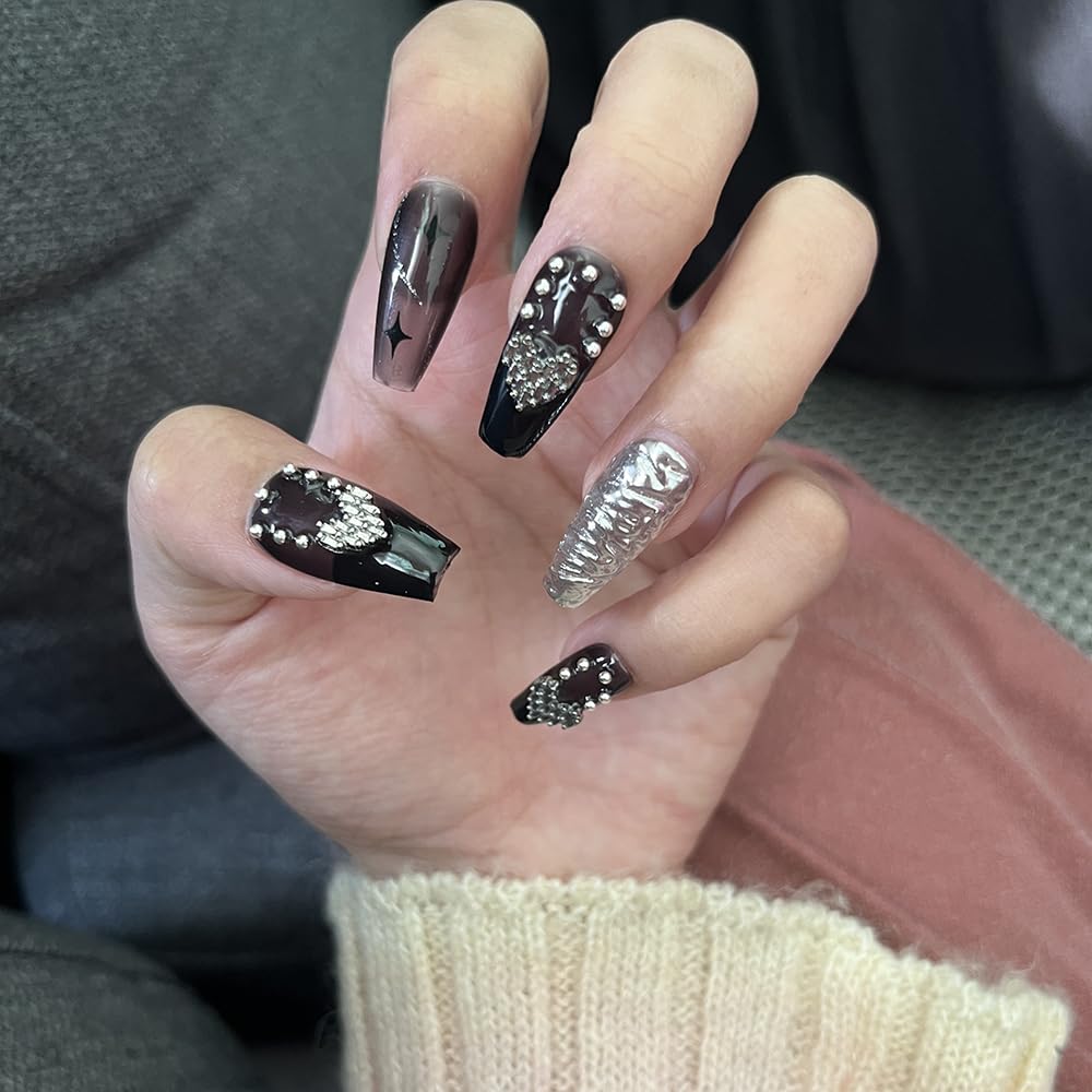 PIVHWIR Press On Nails Reusable Glossy Long 3D Heart Design Fake Nails Stick On Nails-Black (S)