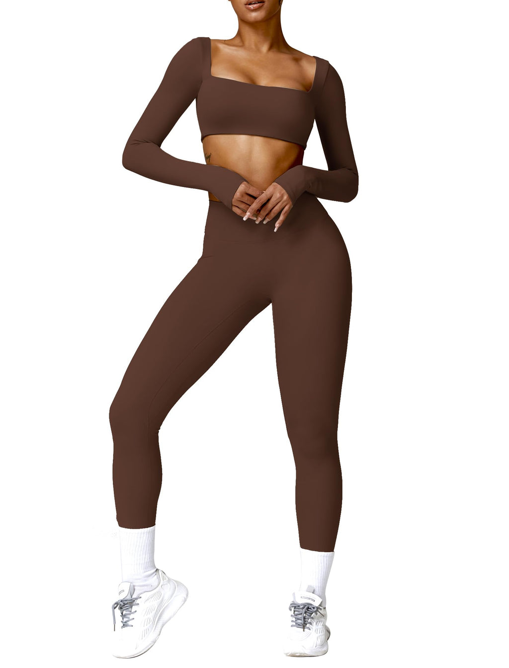 AGYMNX 2pc Workout Set Women Long Sleeve Crop Top High Waist Leggings Brown M