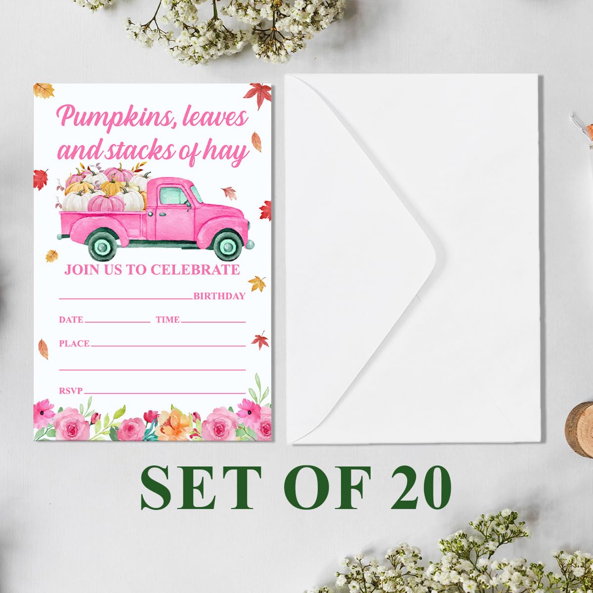 YGRBXJZD Fall Pumpkin Birthday Invitation Girl Pink Floral 4x6 20 Sets