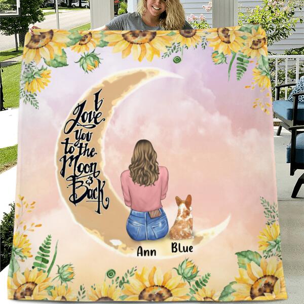 Personalized Dog Mom Sunflower Pillow Cover/Quilt/Fleece Throw Blanket - Gift For Dog Lover With Up to 4 Dogs - I Love You To The Moon & Back