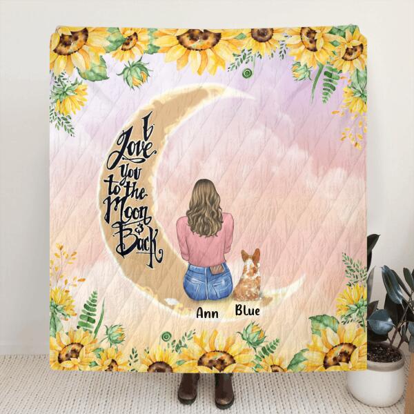 Personalized Dog Mom Sunflower Pillow Cover/Quilt/Fleece Throw Blanket - Gift For Dog Lover With Up to 4 Dogs - I Love You To The Moon & Back