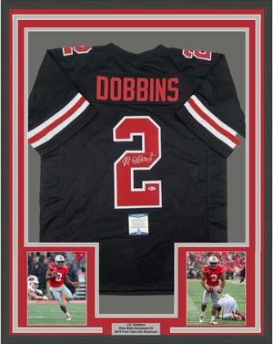 Framed Autographed/Signed JK J.K. Dobbins 35x39 Ohio State Black College Football Jersey Beckett BAS COA