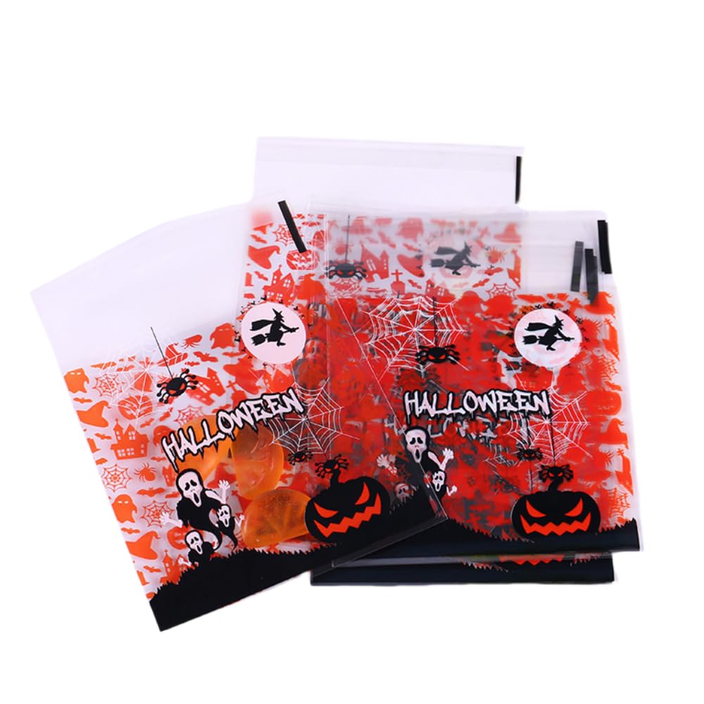 LUKYPORT Halloween Treat Bags 4x4in Self Adhesive Cellophane 100 PCS Orange