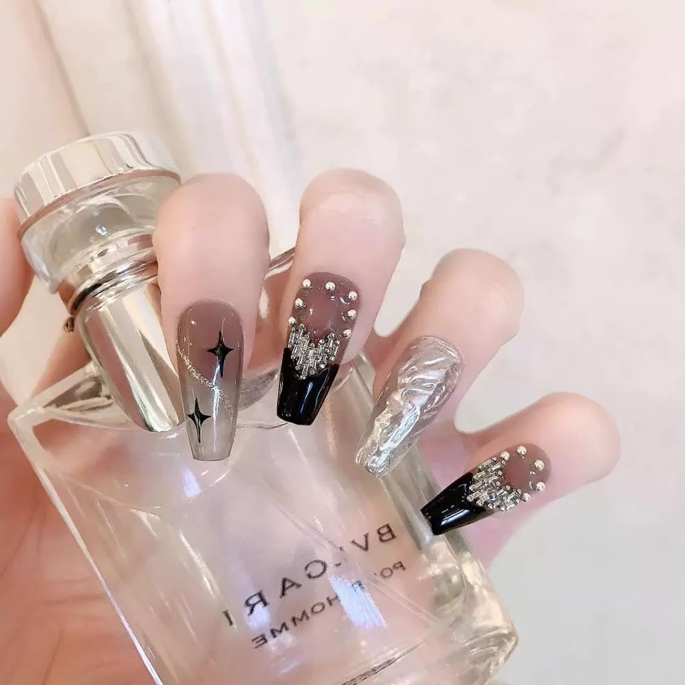PIVHWIR Press On Nails Reusable Glossy Long 3D Heart Design Fake Nails Stick On Nails-Black (S)