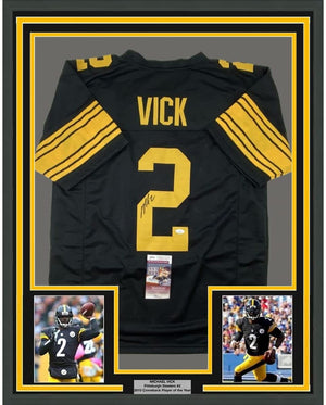 Framed Autographed/Signed Michael Mike Vick 35x39 Pittsburgh Color Rush Football Jersey JSA COA