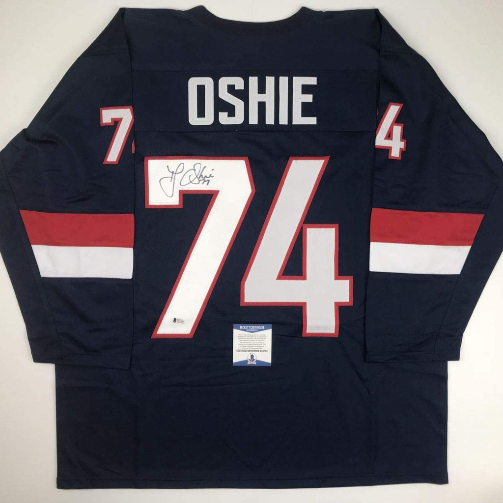 Autographed/Signed TJ T.J. Oshie United States USA Blue Olympics Hockey Jersey Beckett BAS COA