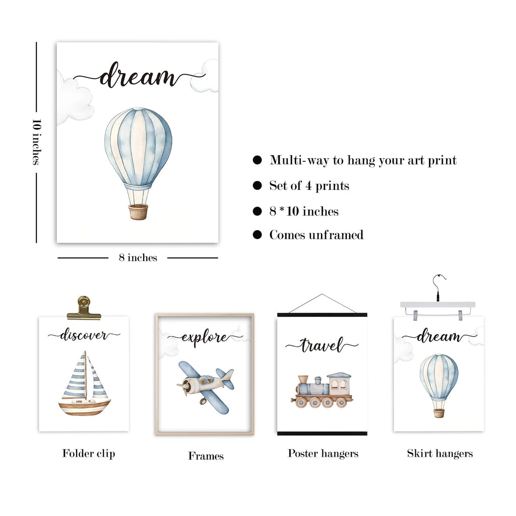 VIIJJUE Nursery Wall Art Set 4 Transportation Prints 8x10 Watercolor Blue