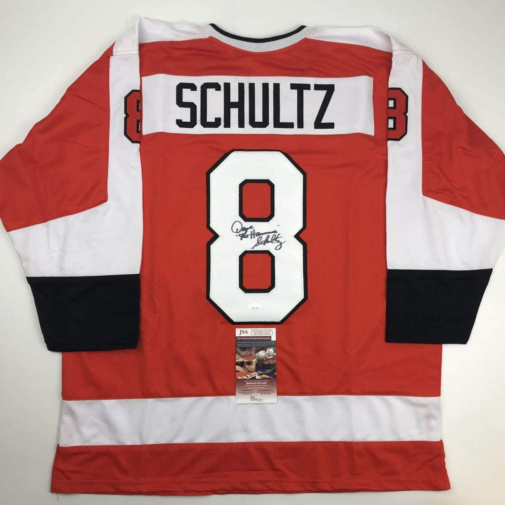 Autographed/Signed Dave Schultz The Hammer Philadelphia Orange Hockey Jersey JSA COA