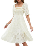 Gardenwed Womens Square Neck Midi Dress Smocked Bodice Puff Sleeves Beige Size M