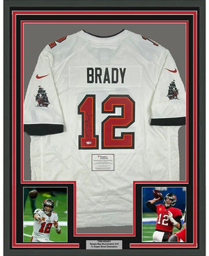Framed Autographed/Signed Tom Brady 35x39 Tampa Bay Buccaneers White Authentic Nike Game Football Jersey Fanatics COA