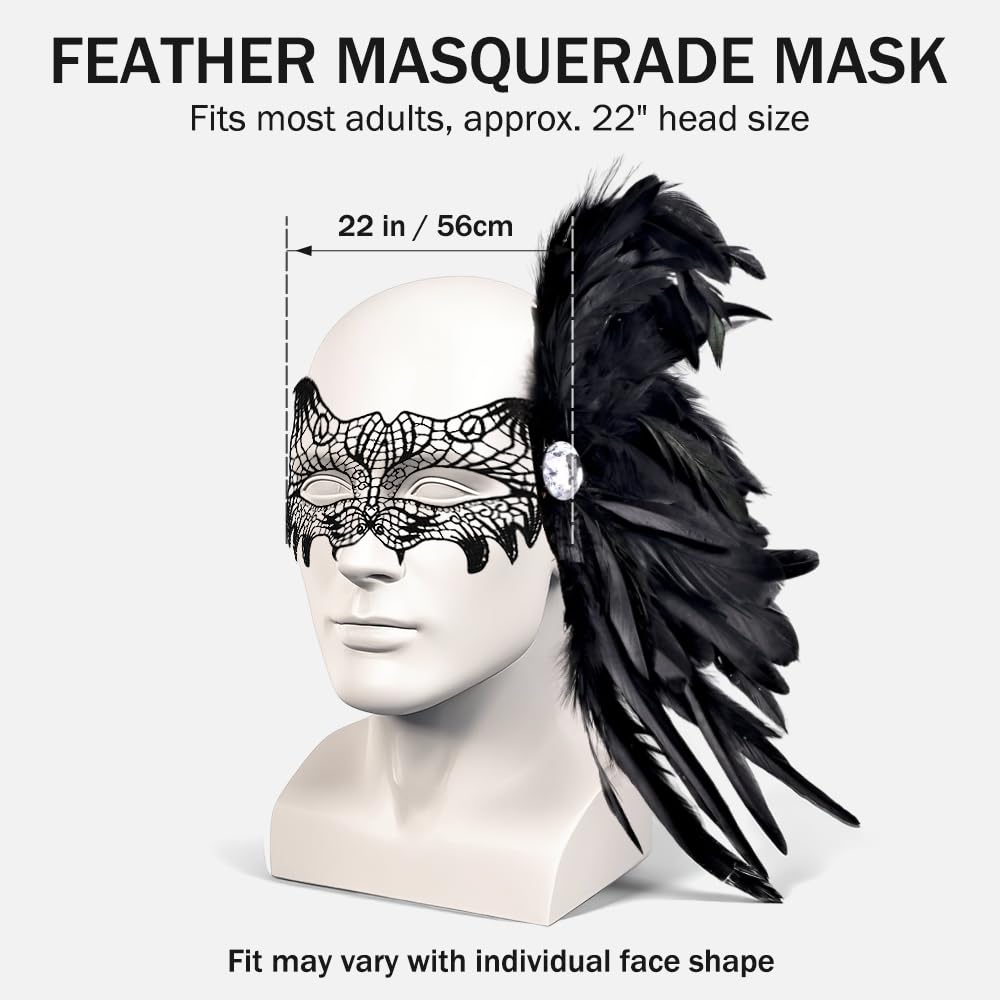 Livresse Fox Lace Feather Masquerade Mask Black Elastic Strap One Size
