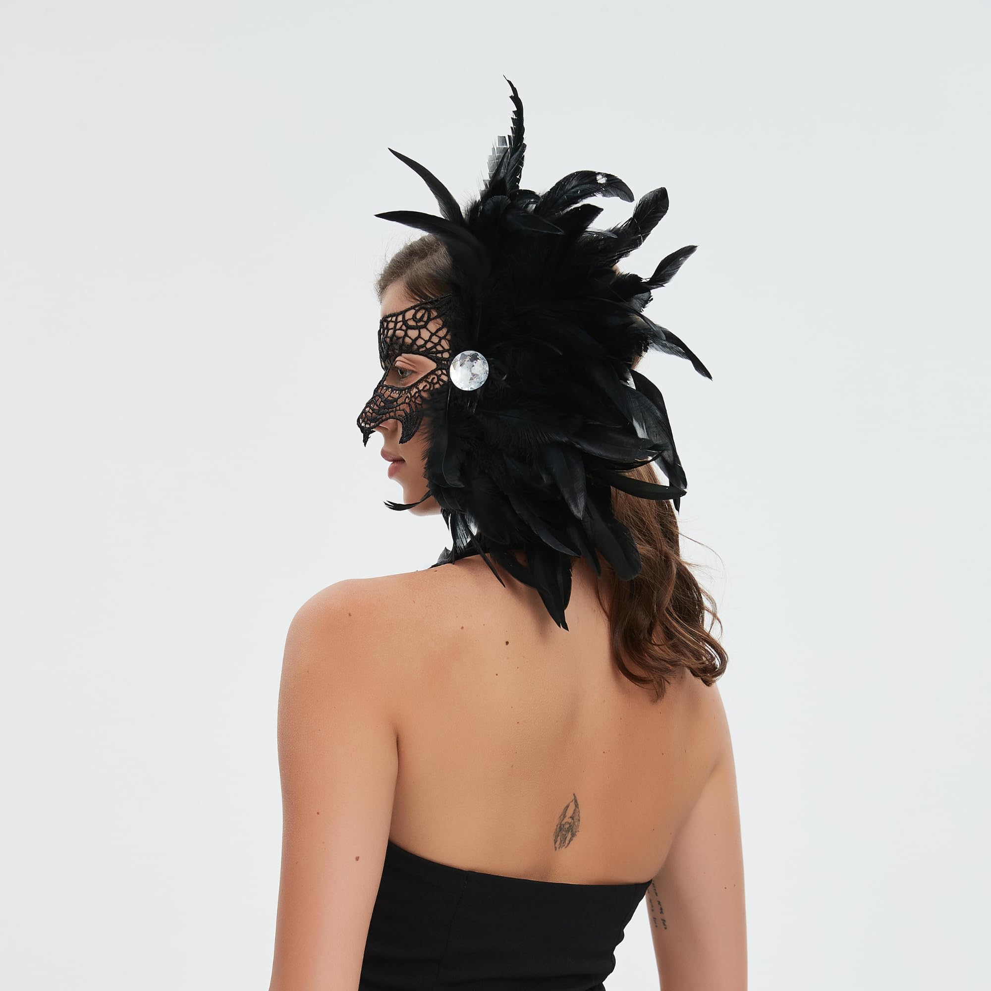 Livresse Fox Lace Feather Masquerade Mask Black Elastic Strap One Size