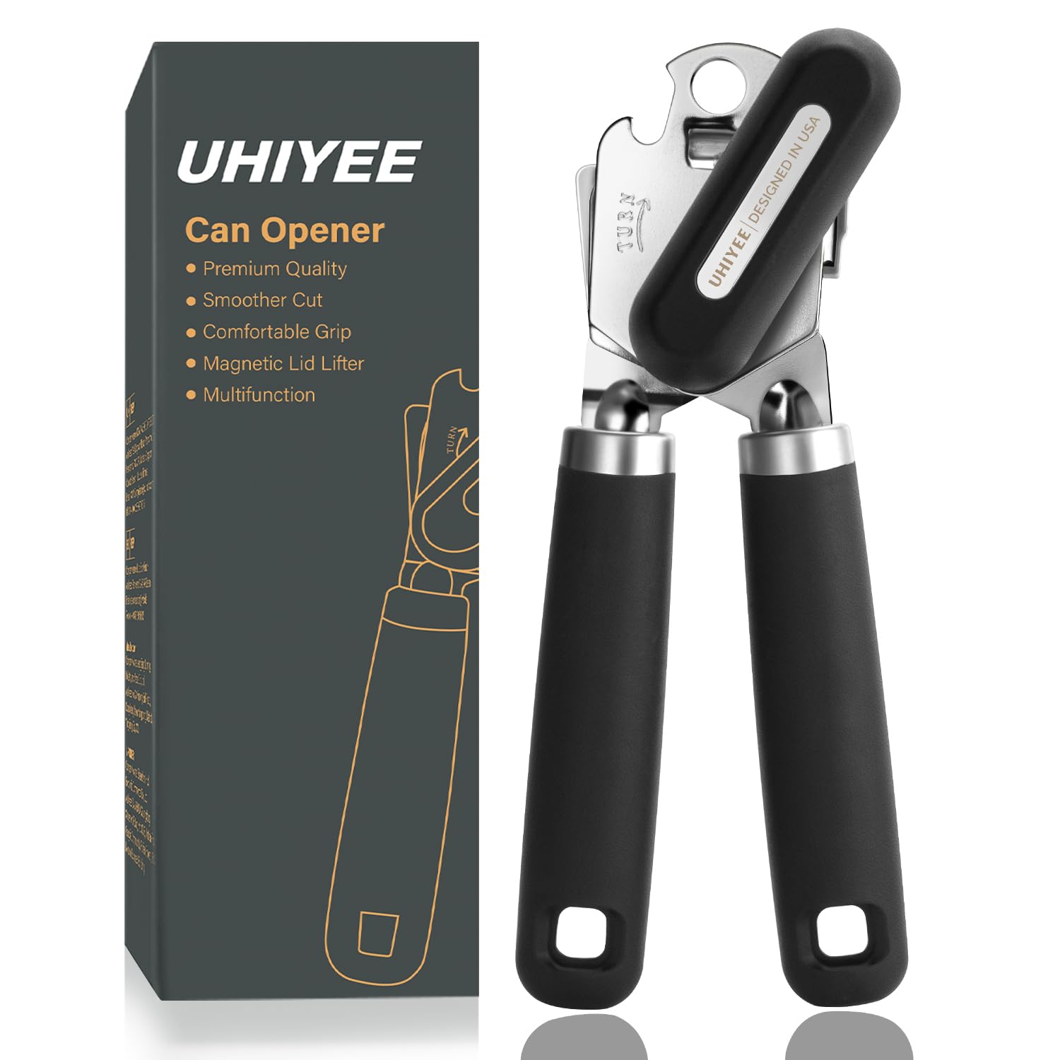 UHIYEE Manual Can Opener Heavy Duty Sharp Blade Soft Handle Black
