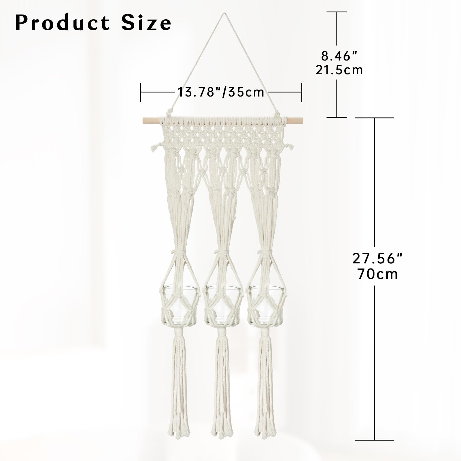 Briful Macrame Wall Hanging Shelf Cream-White with 3 Glass Vases Boho Decor