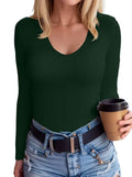 SANDERY Women's Ribbed V-Neck Long-Sleeve Top, Size L