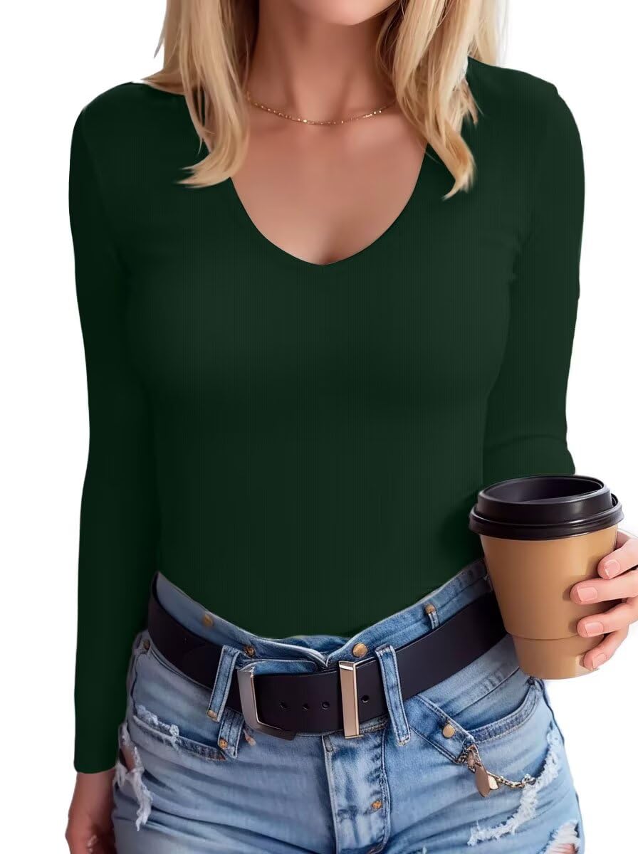 SANDERY Women's Ribbed V-Neck Long-Sleeve Top, Size L