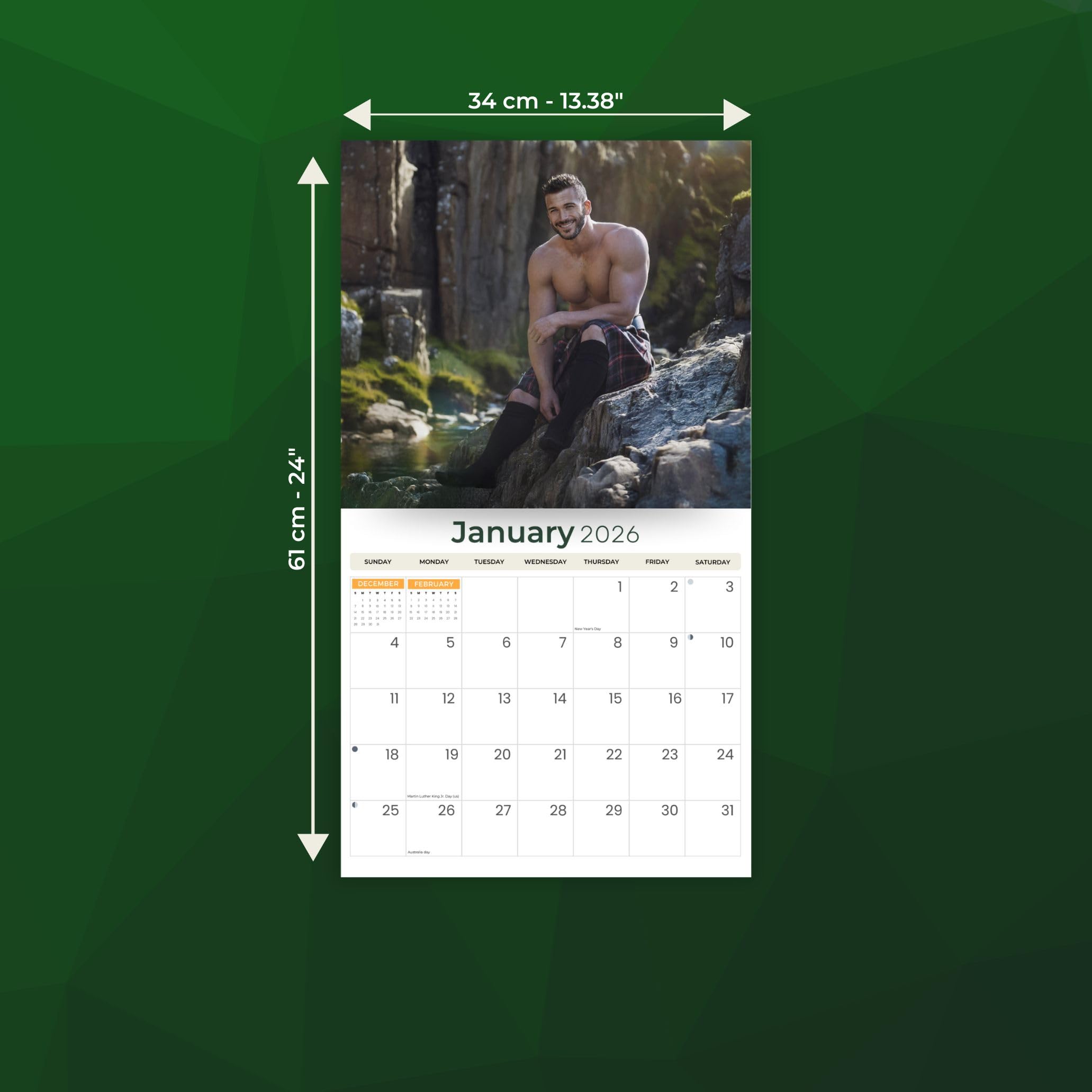 Just Calendars Men in Kilts 2026 Deluxe Wall Calendar 12x13.3 Large