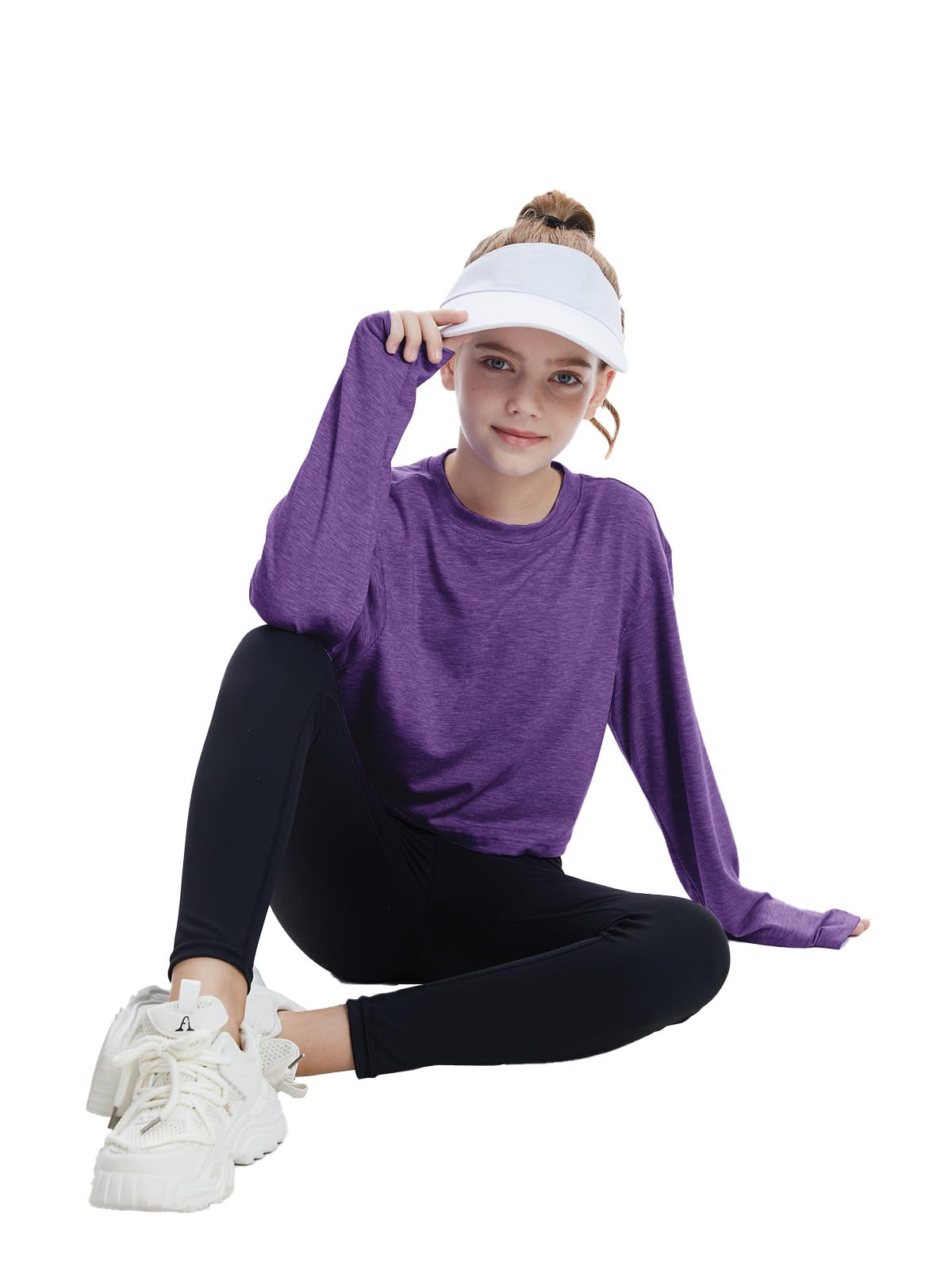 CharmWM Girls Long Sleeve Crop Top Crew Neck Casual Tee Deep Purple Size 9-10Y