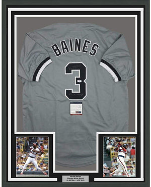 Framed Autographed/Signed Harold Baines 05 WS Champs 35x39 Chicago Grey Baseball Jersey PSA/DNA COA