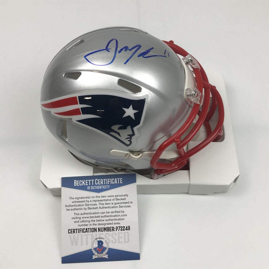 Autographed/Signed Julian Edelman New England Patriots Football Mini Helmet Beckett BAS COA
