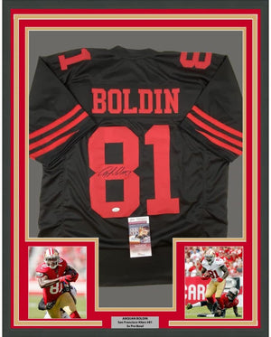 Framed Autographed/Signed Anquan Boldin 35x39 San Francisco Black Football Jersey JSA COA