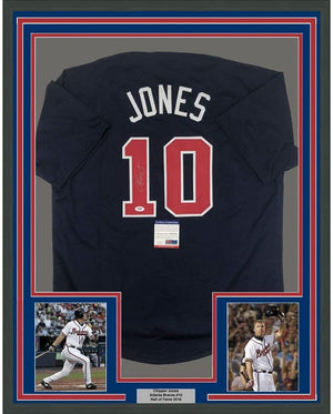 Framed Autographed/Signed Chipper Jones 35x39 Atlanta Blue Baseball Jersey PSA/DNA COA
