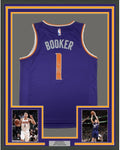 Framed Autographed/Signed Devin Booker 35x39 Phoenix Purple Basketball Jersey Steiner Sports COA